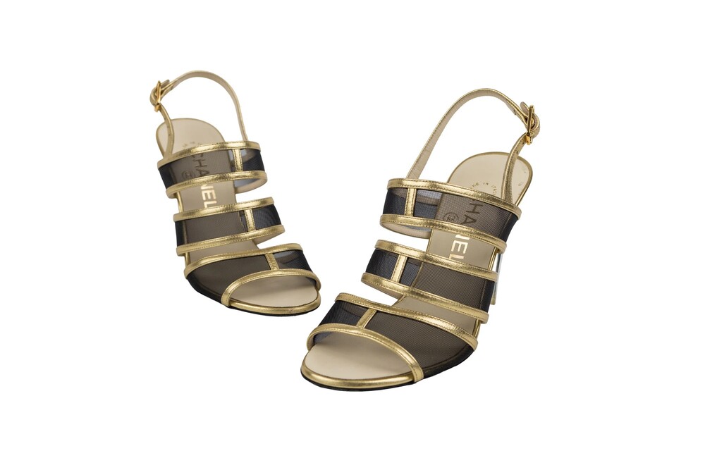 Chanel Gold Black Caged Slingback Sandals Metallic Leather Mesh Gold Hardware Si